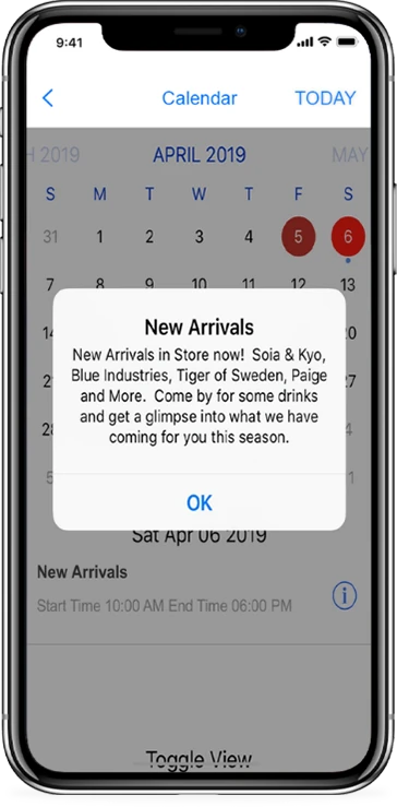Event calendar feature shown in a live client app