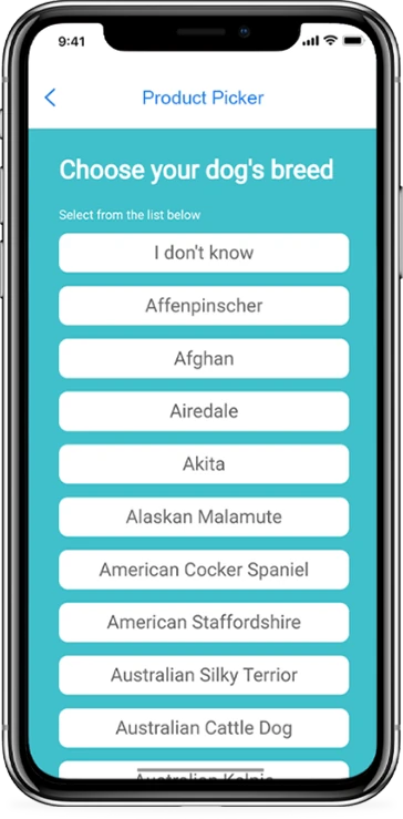 Product picker feature shown in a live client app