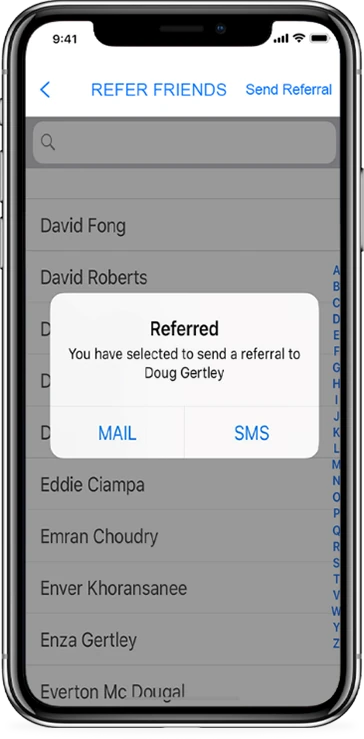 Refer a friend feature shown in a live client app