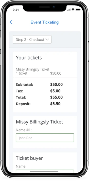 Event ticketing feature shown in a live client app